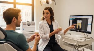 Dentist explaining same day dental crowns to a patient in a modern clinic