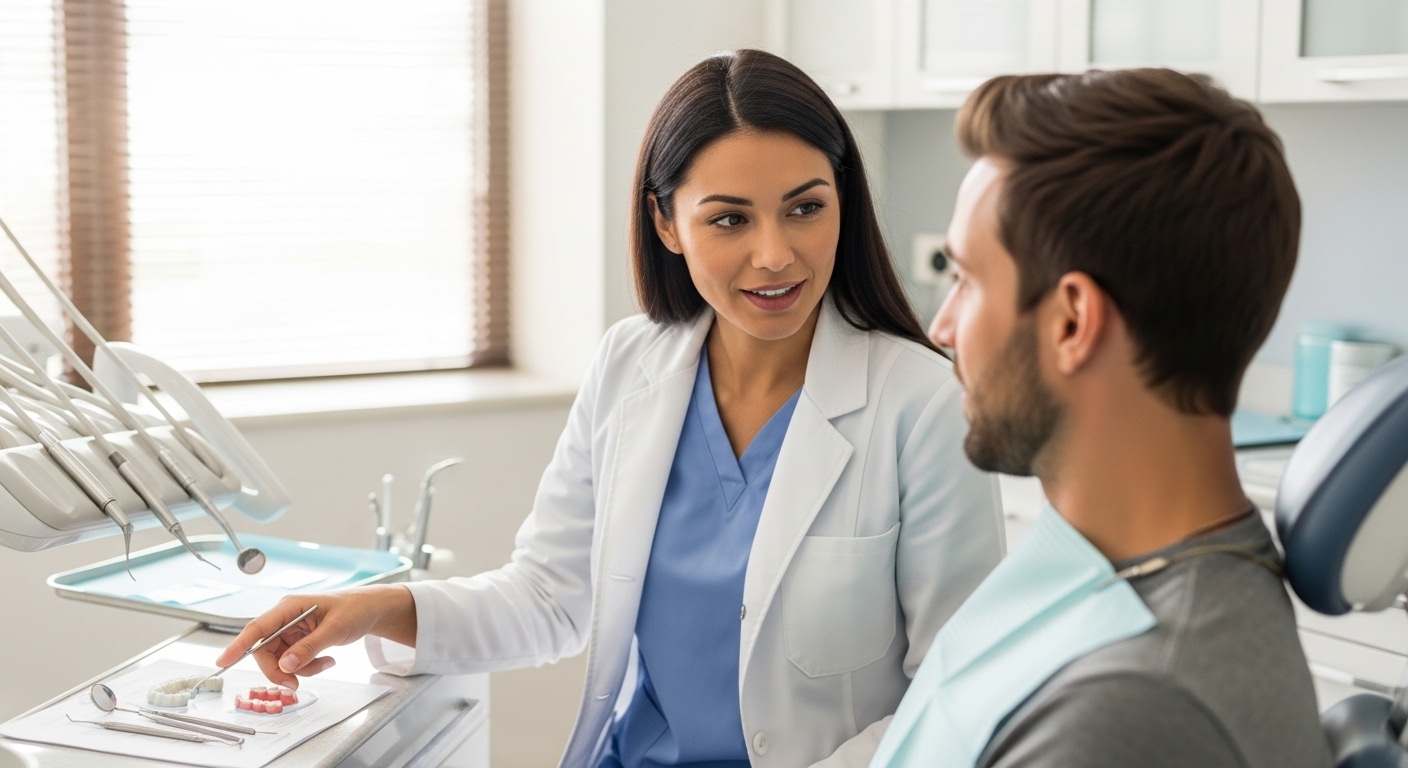 Dentist in consultation with a patient discussing dental cleaning vs deep cleaning