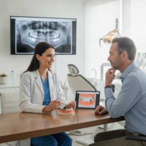 Dentist discussing tooth implant side effects with patient in a modern office