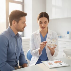 Dentist consulting patient about dental implants after a bone graft